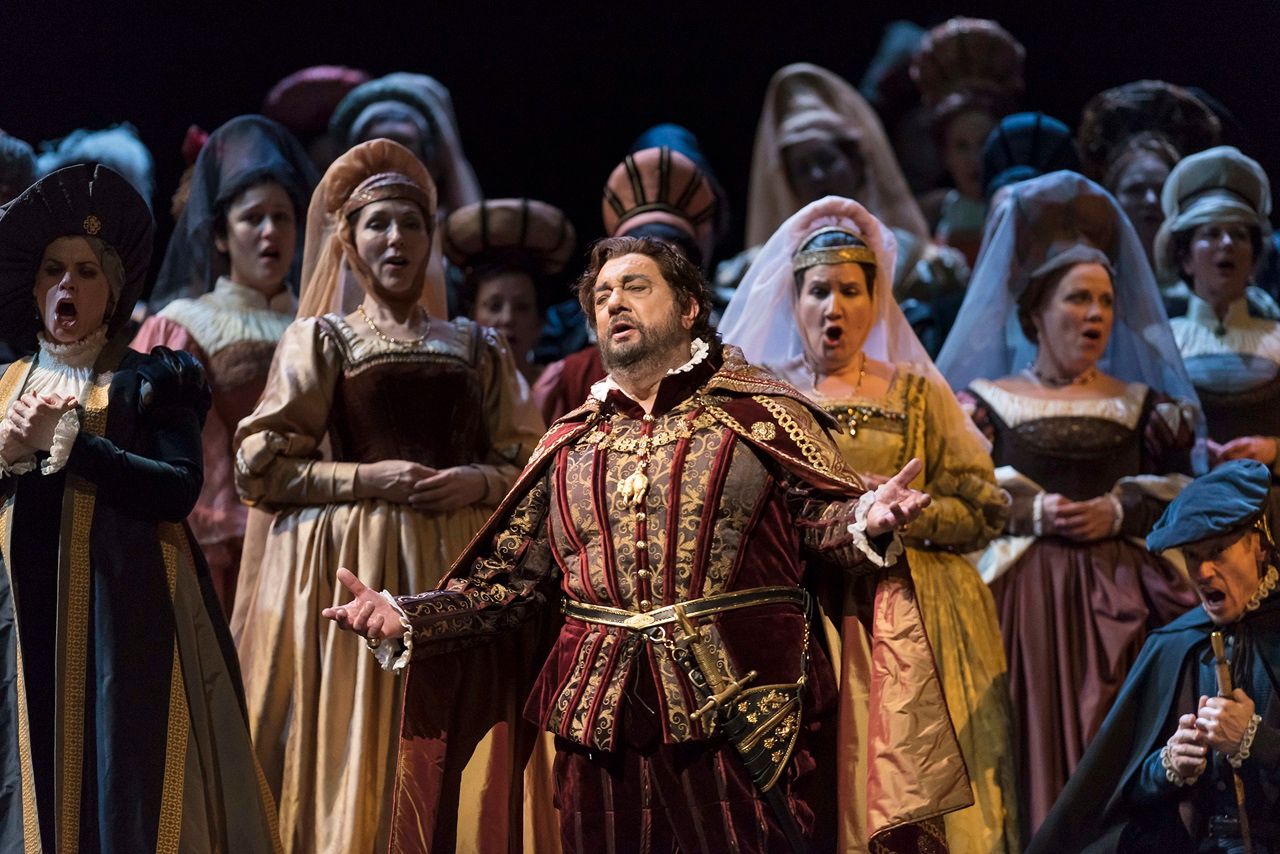 Jack Vartoogian Spanish tenor Placido Domingo (as 'Don Carlo, King of Spain') performs during the final dress rehearsal prior to the season premiere of the Metropolitan Opera/Pier Luigi Samaritani production of 'Ernani' (by Giuseppe Verdi, 1844) at the Metropolitan Opera House at Lincoln Center, New York, New York, March 17, 2015. It was Domingo's 146th role, and his first as the baritone role of Don Carlo. 