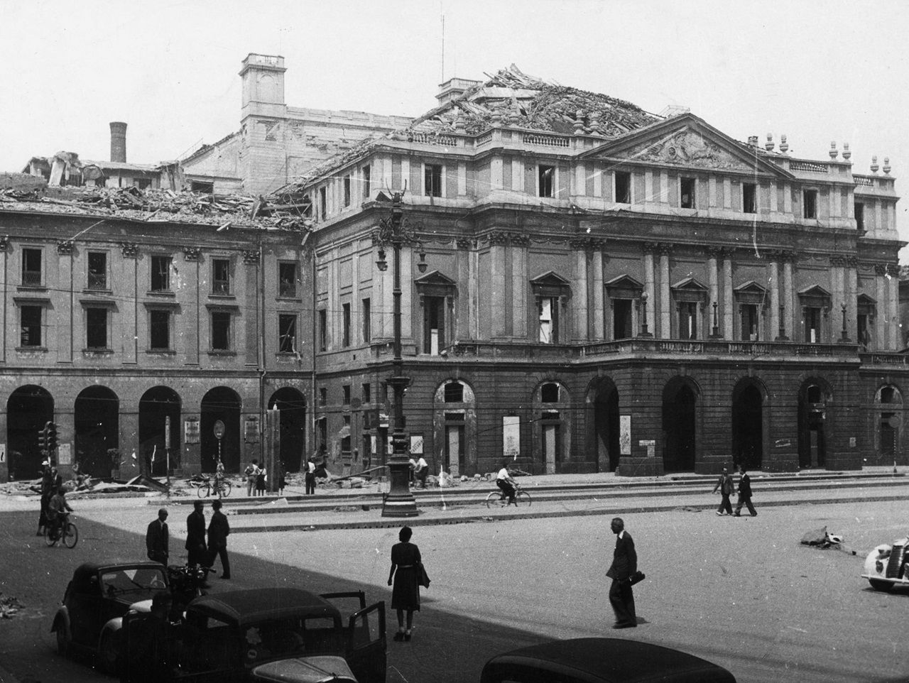 Keystone Features April 1946: La Scala, the famous Milan opera house as it appeared from August 1943 until recently when restoration started. Toscanini is to open the newly restored building. 