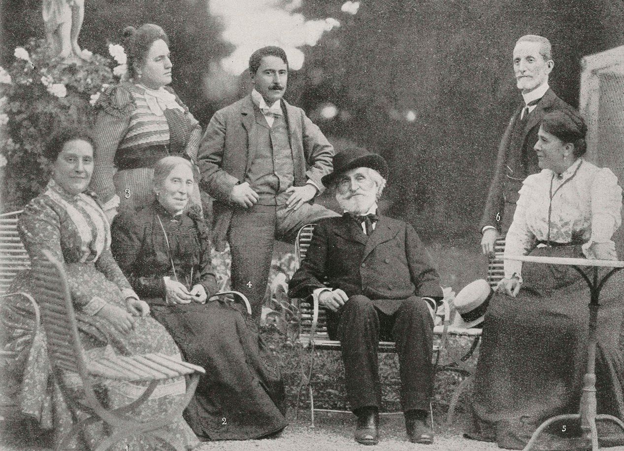 Giuseppe Verdi (1813-1901) in the garden of Villa Sant'Agata with relatives and friends: 1 his niece Maria Carrara Verdi, 2 his sister-in-law Barberina Strepponi, 3 Teresa Stoltz, 4 Umberto Campanari, 5 Giuditta Ricordi, 6 Giulio Ricordi; Villanova sull'Arda, Italy, from L'Illustrazione Italiana, Year XL, No 40, September 5, 1913.