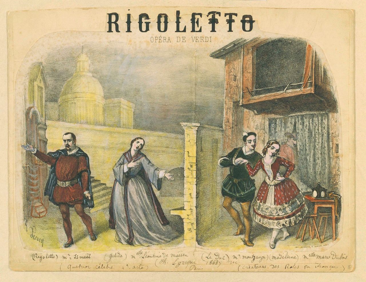 UNSPECIFIED - CIRCA 1989: Giuseppe Verdi (1813-1901). "Rigoletto". Lithograph depicting final act famous quartet at the premiere at Theatre Lyrique du Chatelet on December 24, 1863. (Photo By DEA PICTURE LIBRARY/De Agostini via Getty Images)