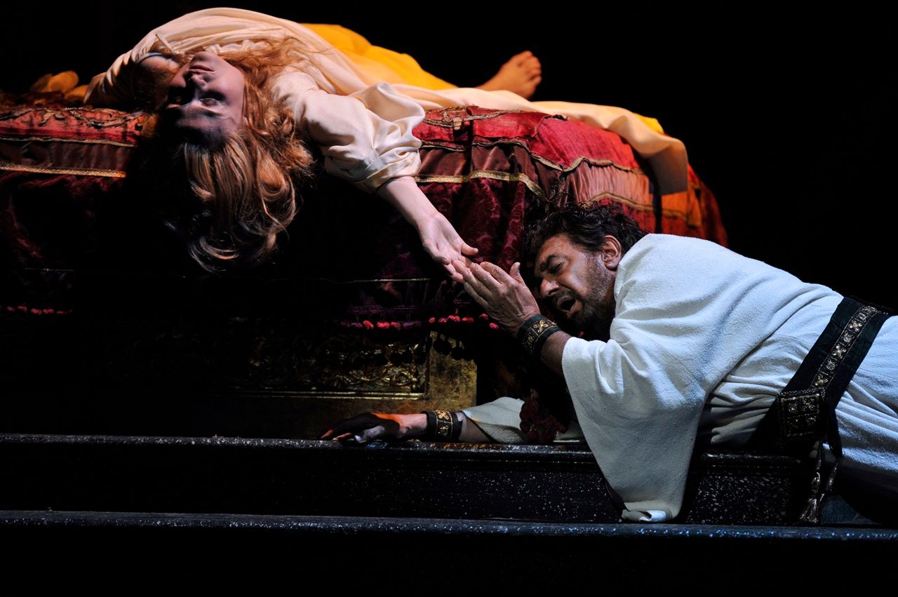 Placido Domingo as Otello and Marina Poplavskaya as Desdemona in the Royal Opera's production of Giuseppe Verdi's "Otello" conducted by Antonio Pappano at the Royal Opera House Covent Garden in London. (Photo by robbie jack/Corbis via Getty Images)