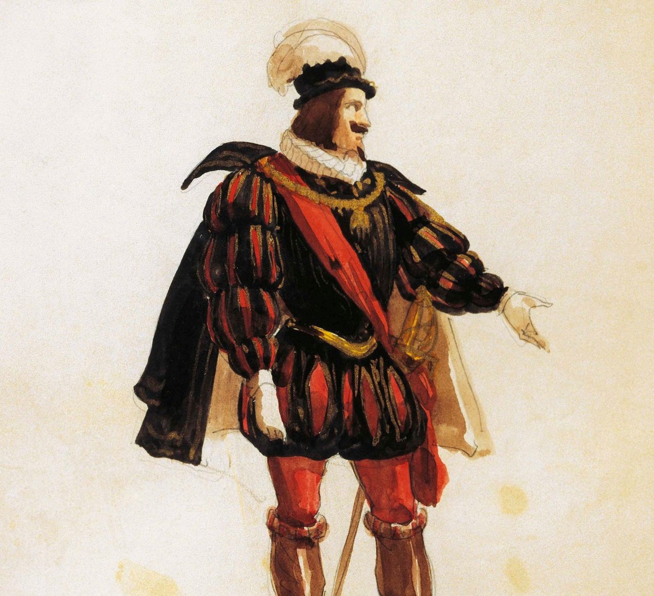 ITALY - JUNE 06: Costume sketch by Filippo Peroni (1809-1878) for the role of Ovando in the opera Alzira, by Giuseppe Verdi (1813-1901), performed at La Scala Theatre in Milan, 1846-1847. Milan, Museo Teatrale (Scala) (Photo by DeAgostini/Getty Images)