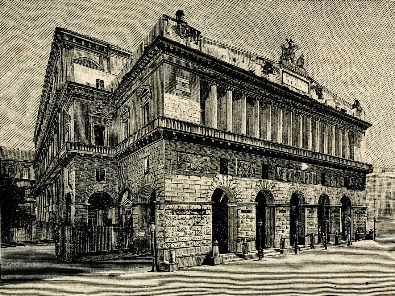 Teatro di San Carlo (Theatre of Saint Charles), Naples, Campania, Italy, woodcut from Le cento citta d'Italia (A hundred Italian towns), illustrated monthly Supplement of Il Secolo, Milan, April 20, 1887, year 22.