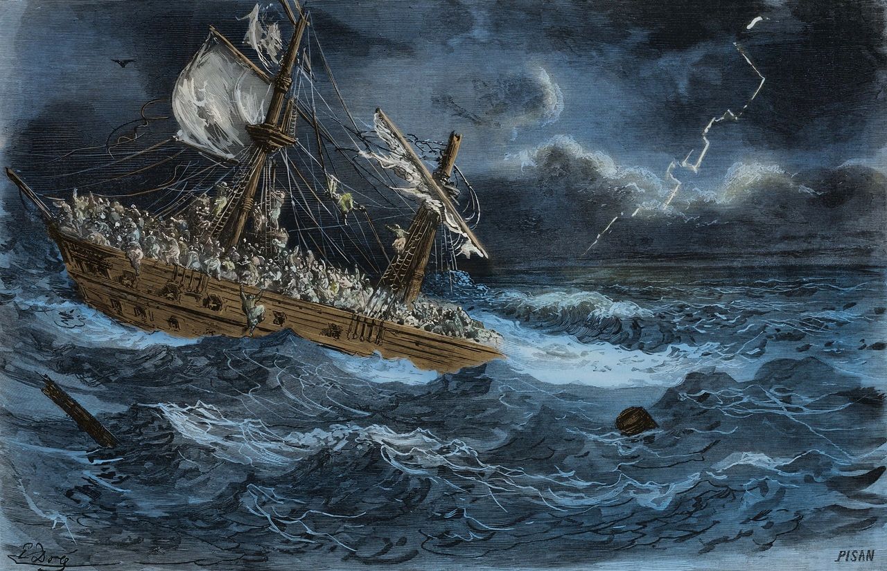 A ship sinks during a storm, last scene from Le Corsaire at the Paris Opera house, drawing by Gustave Dore, engraving by Pisan, illustration from the Journal pour rire, Journal Amusant, No 14, April 5, 1856. Digitally colorized image.