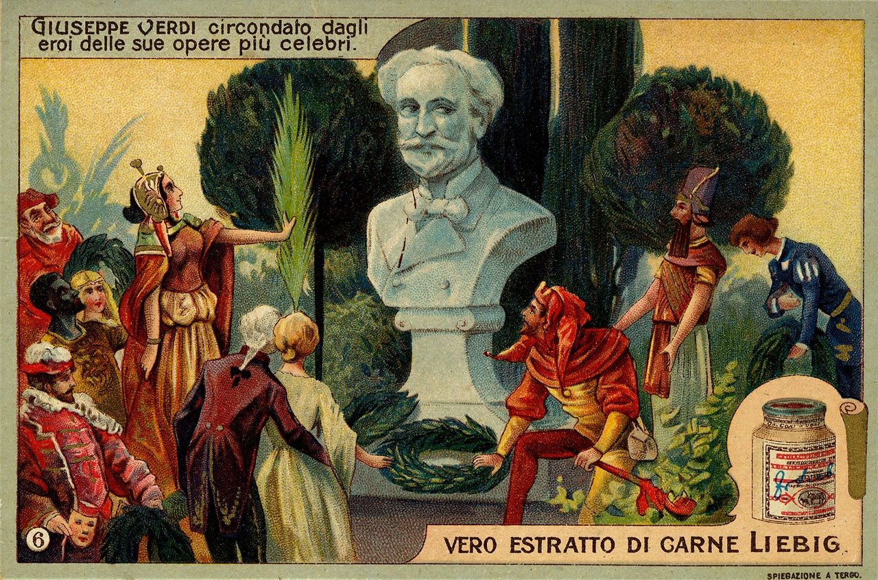 Giuseppe Verdi (1813-1901) represented as a bust surrounded by the characters of his most famous works. On the left: Falstaff, Othello, Aida, La Traviata and Don Carlos. On the right: the characters of Rigoletto, Nabucco, and Oscar (from A Masked Ball). Chromos, Liebig figurine: 'Giuseppe Verdi', Italy, 1902. (Photo by Fototeca Gilardi/Getty Images).