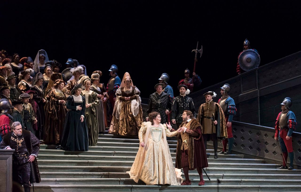 American soprano Angela Meade (as 'Elvira, Silva's niece and betrothed') and Spanish tenor Placido Domingo (as 'Don Carlo, King of Spain') perform during the final dress rehearsal prior to the season premiere of the Metropolitan Opera/Pier Luigi Samaritani production of Giuseppe Verdi's 'Ernani' (1844) at the Metropolitan Opera House, Lincoln Center, New York, New York, March 17, 2015. It was Domingo's 146th role, and his first as the baritone role of Don Carlo. (Photo by Jack Vartoogian/Getty Images)