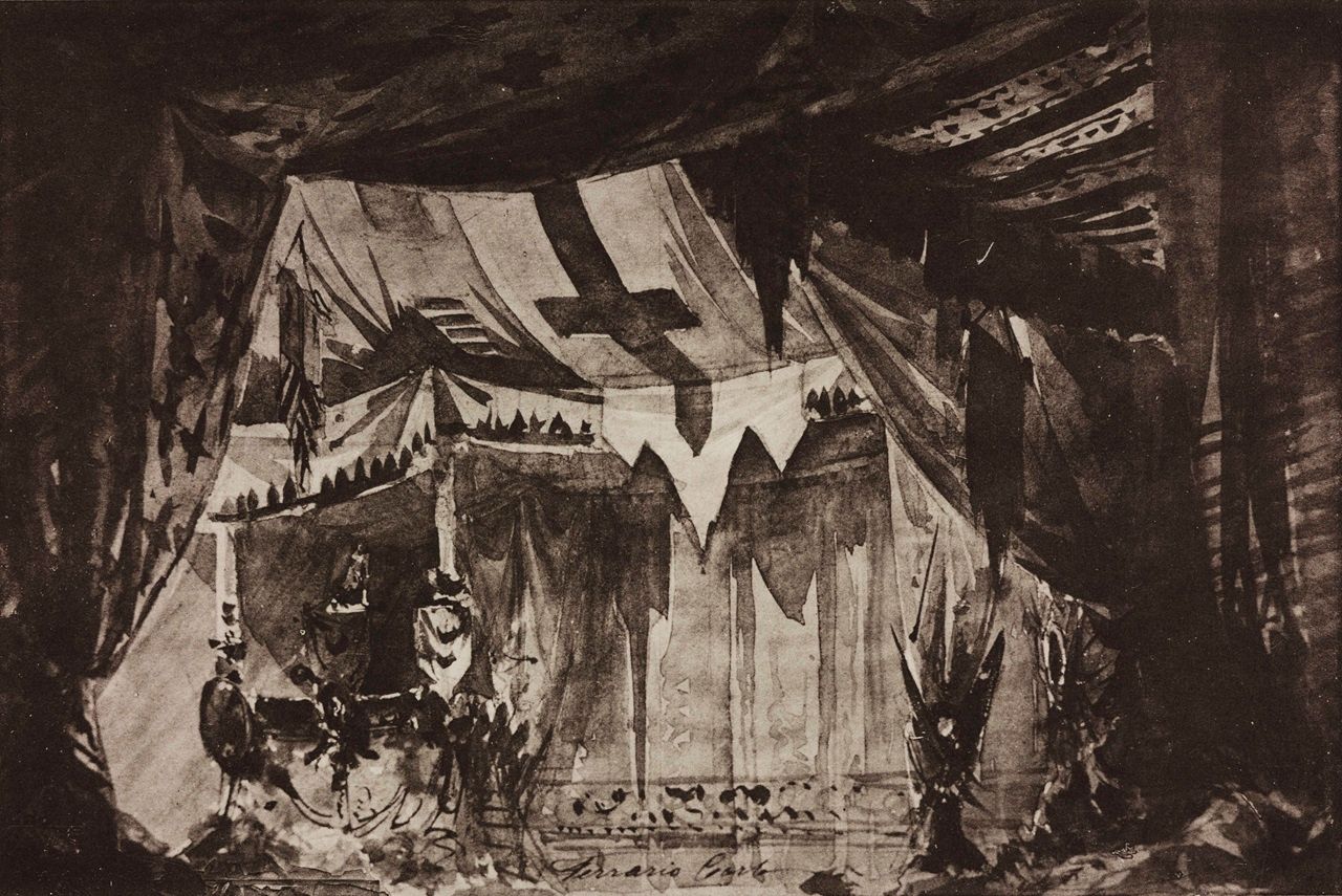 UNSPECIFIED - APRIL 23: Lombard tents near the Tomb of Rachel, sketch for Act IV, Scene IX of the opera The Lombards on the First Crusade by Giuseppe Verdi, Season 1864, from 500 stage design sketches in five volumes, 1919, by Carlo Ferrario (1833-1907 ). (Photo by DeAgostini/Getty Images)