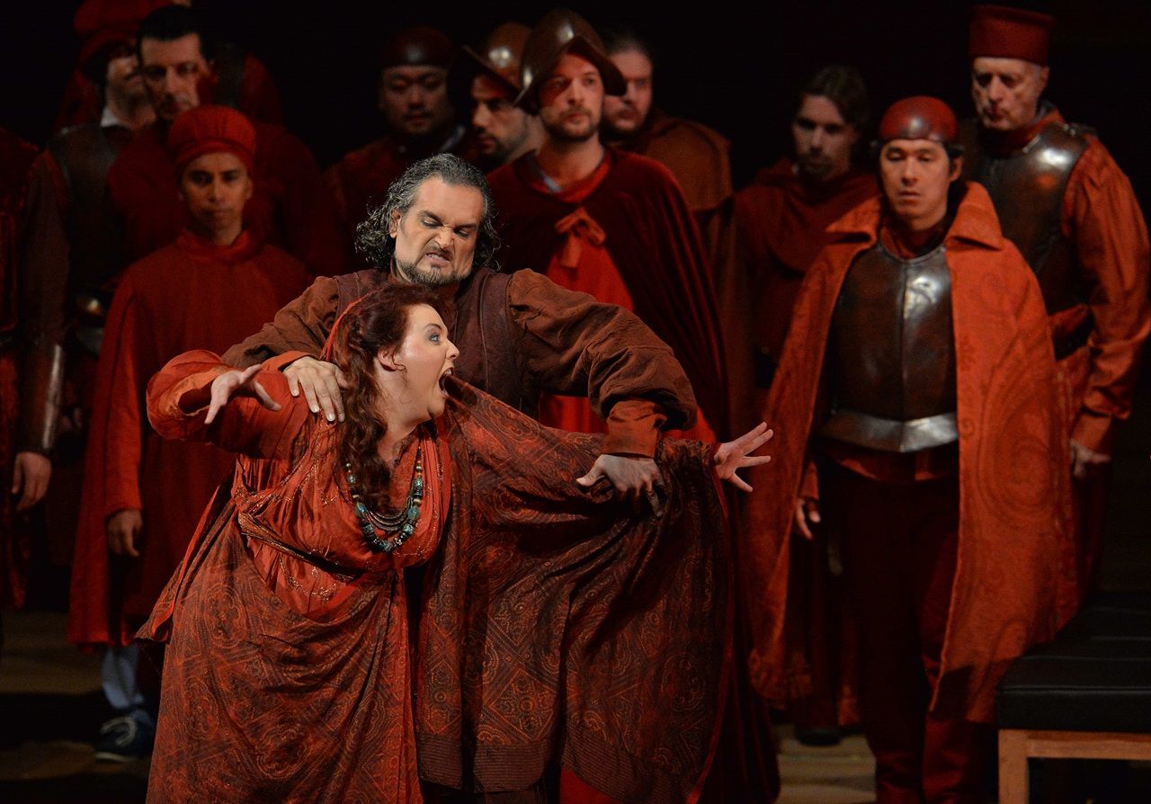 SALZBURG, AUSTRIA - AUGUST 04: Marie-Nicole Lemieux (Azucena) and Riccardo Zanellato (Ferrando) are seen during the 'Il Trovator' photo rehearsal on August 4, 2014 in Salzburg, Austria. (Photo by Mandl/Getty Images)